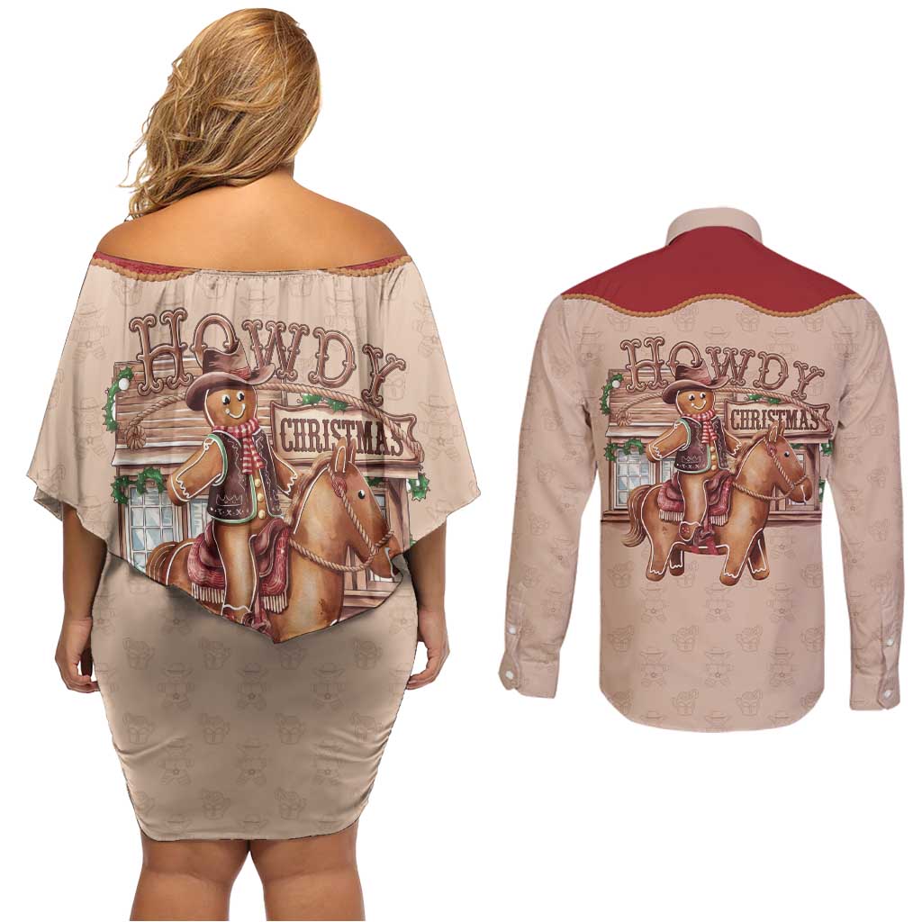 Western Yoke Couples Matching Off Shoulder Short Dress and Long Sleeve Button Shirt Gingerbread Howdy Christmas - Wonder Print Shop