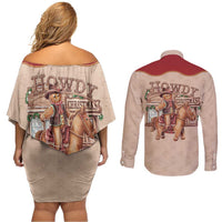 Western Yoke Couples Matching Off Shoulder Short Dress and Long Sleeve Button Shirt Gingerbread Howdy Christmas - Wonder Print Shop