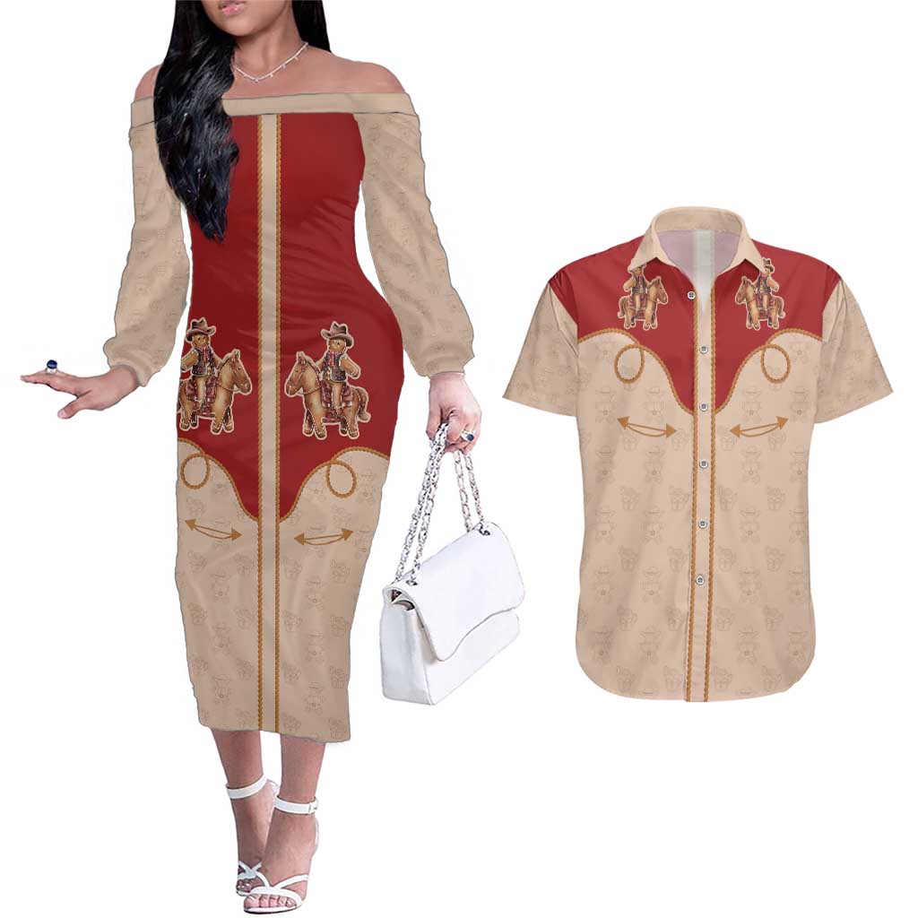 Western Yoke Couples Matching Off The Shoulder Long Sleeve Dress and Hawaiian Shirt Gingerbread Howdy Christmas - Wonder Print Shop