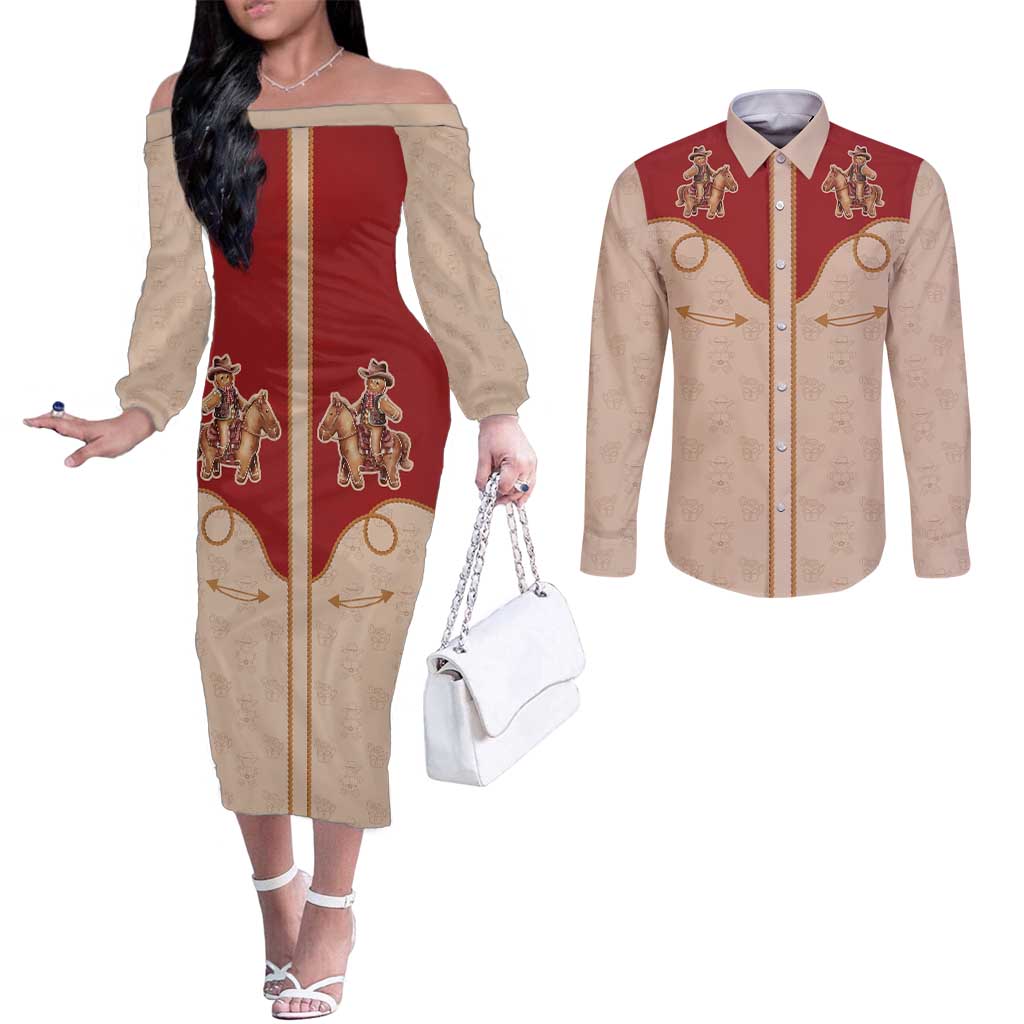 Western Yoke Couples Matching Off The Shoulder Long Sleeve Dress and Long Sleeve Button Shirt Gingerbread Howdy Christmas - Wonder Print Shop