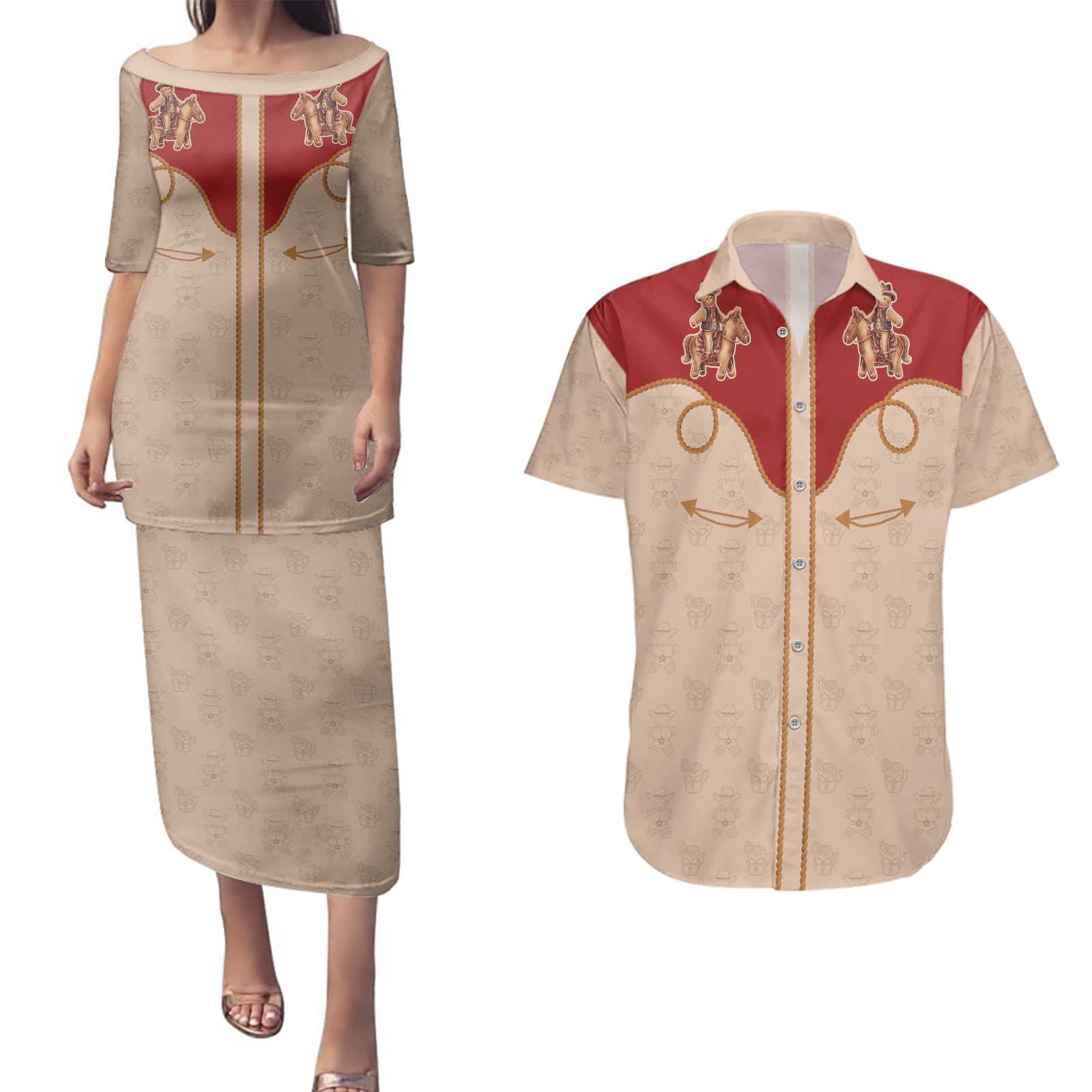 Western Yoke Couples Matching Puletasi and Hawaiian Shirt Gingerbread Howdy Christmas - Wonder Print Shop