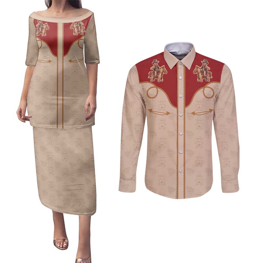 Western Yoke Couples Matching Puletasi and Long Sleeve Button Shirt Gingerbread Howdy Christmas - Wonder Print Shop