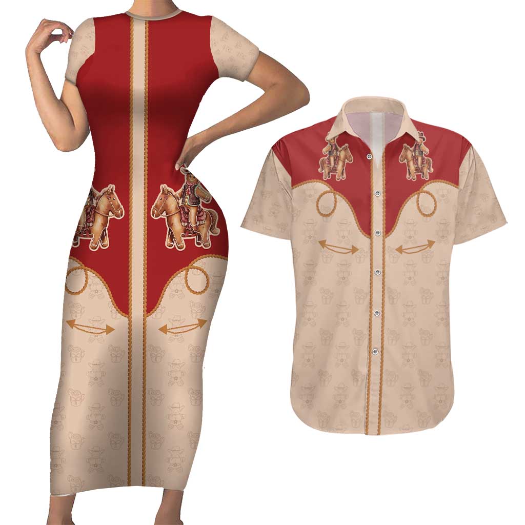 Western Yoke Couples Matching Short Sleeve Bodycon Dress and Hawaiian Shirt Gingerbread Howdy Christmas - Wonder Print Shop