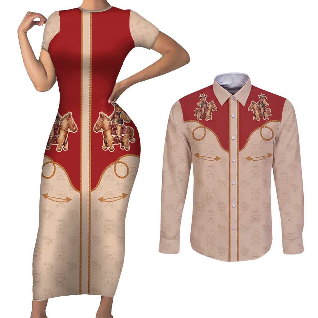 Western Yoke Couples Matching Short Sleeve Bodycon Dress and Long Sleeve Button Shirt Gingerbread Howdy Christmas - Wonder Print Shop