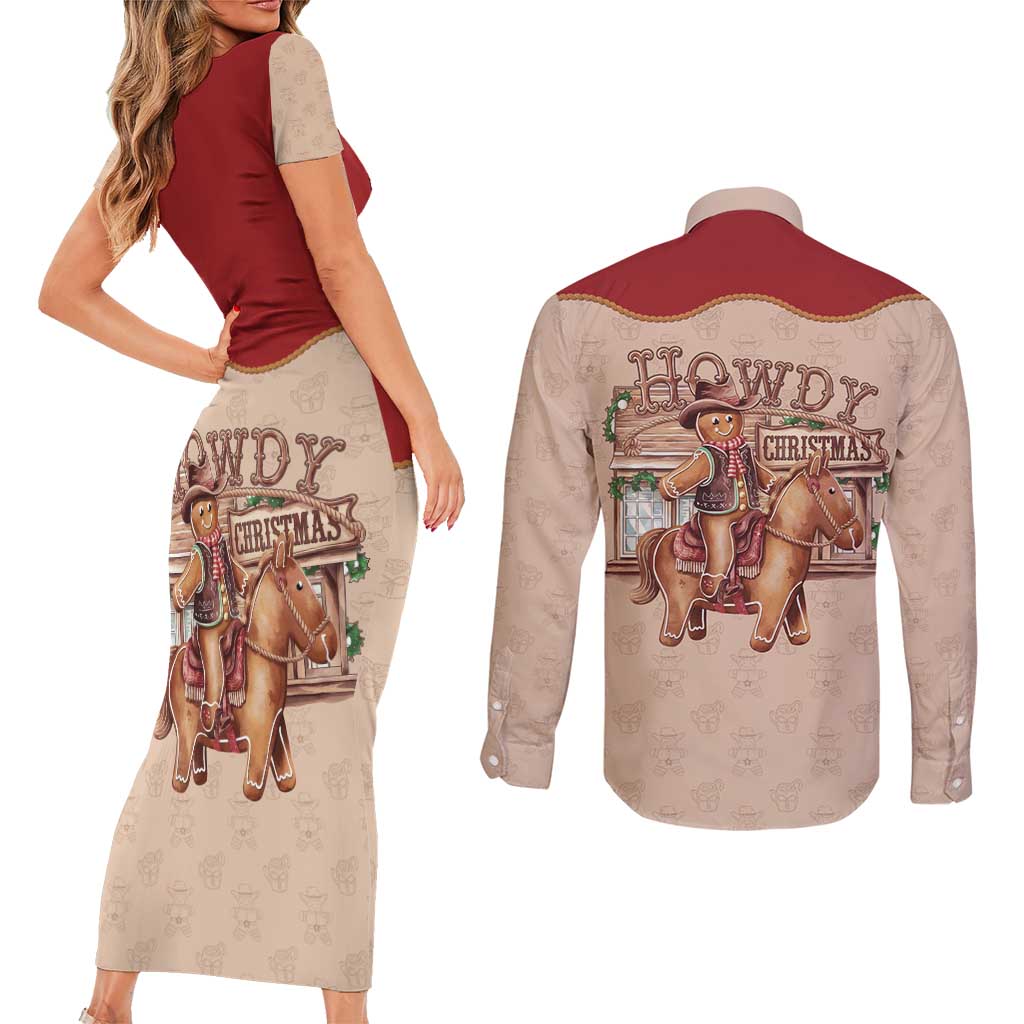 Western Yoke Couples Matching Short Sleeve Bodycon Dress and Long Sleeve Button Shirt Gingerbread Howdy Christmas - Wonder Print Shop