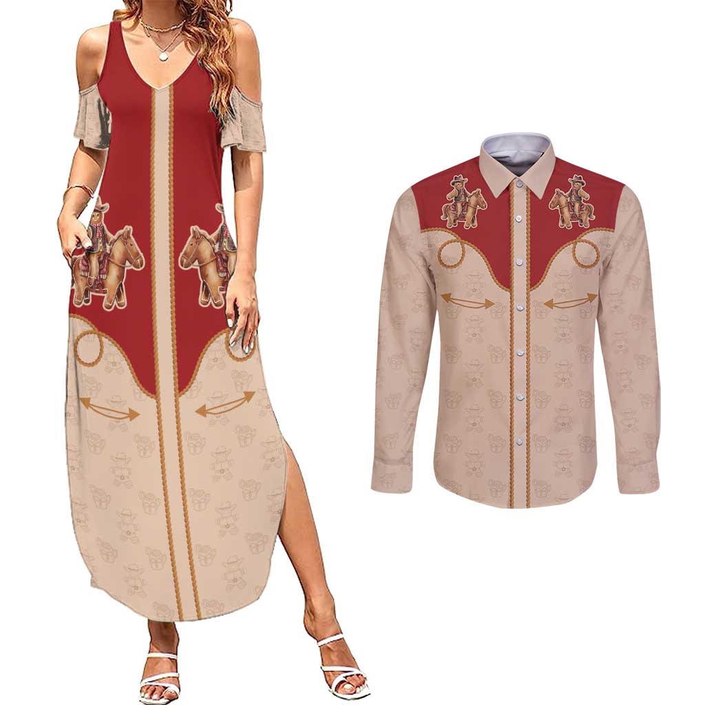 Western Yoke Couples Matching Summer Maxi Dress and Long Sleeve Button Shirt Gingerbread Howdy Christmas - Wonder Print Shop