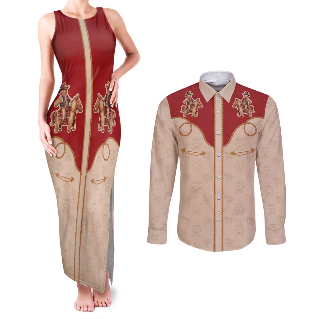 Western Yoke Couples Matching Tank Maxi Dress and Long Sleeve Button Shirt Gingerbread Howdy Christmas - Wonder Print Shop