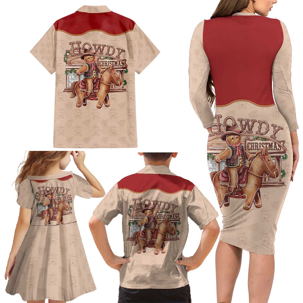 Western Yoke Family Matching Long Sleeve Bodycon Dress and Hawaiian Shirt Gingerbread Howdy Christmas - Wonder Print Shop