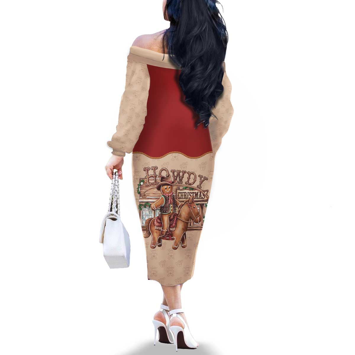 Western Yoke Family Matching Off The Shoulder Long Sleeve Dress and Hawaiian Shirt Gingerbread Howdy Christmas - Wonder Print Shop