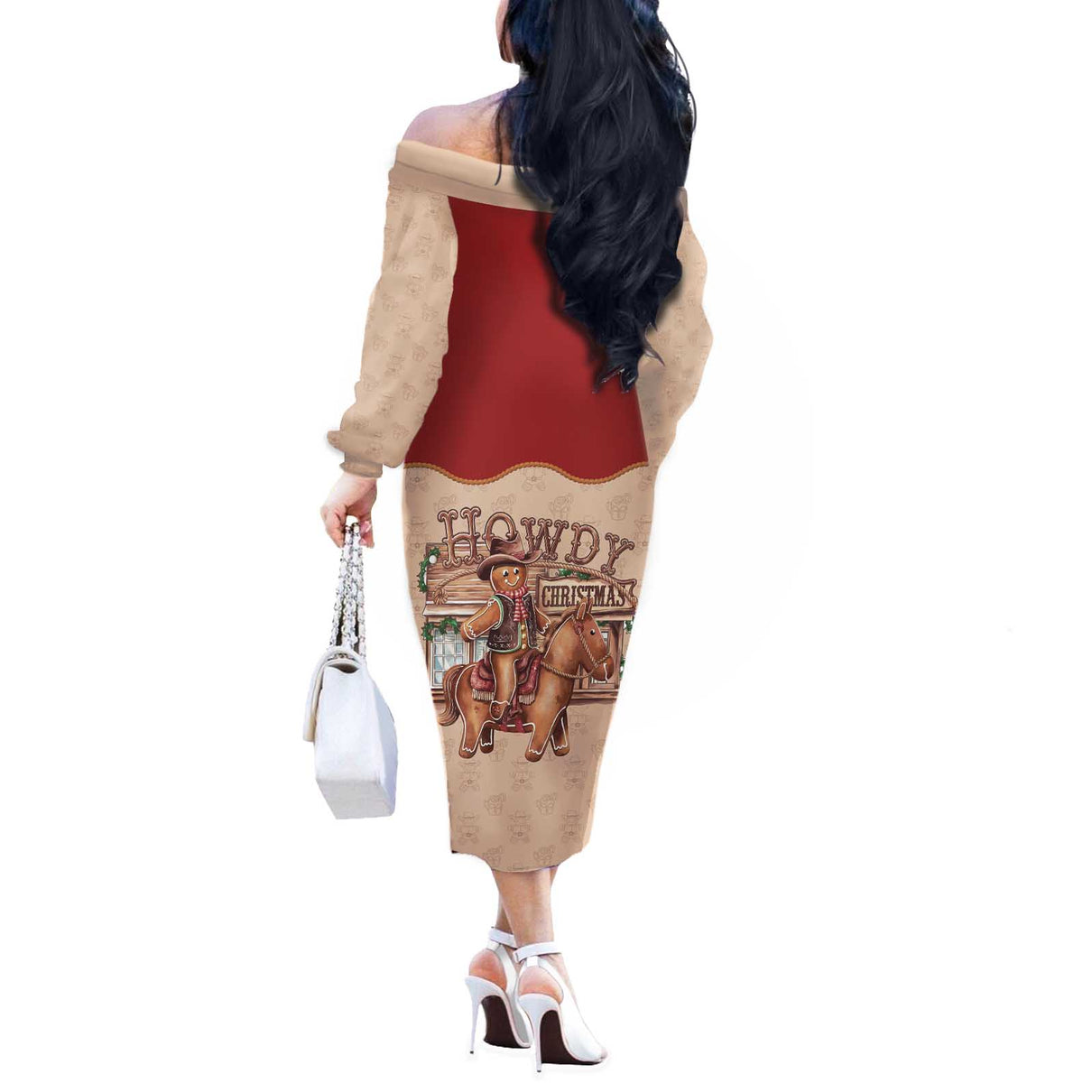 Western Yoke Off The Shoulder Long Sleeve Dress Gingerbread Howdy Christmas - Wonder Print Shop