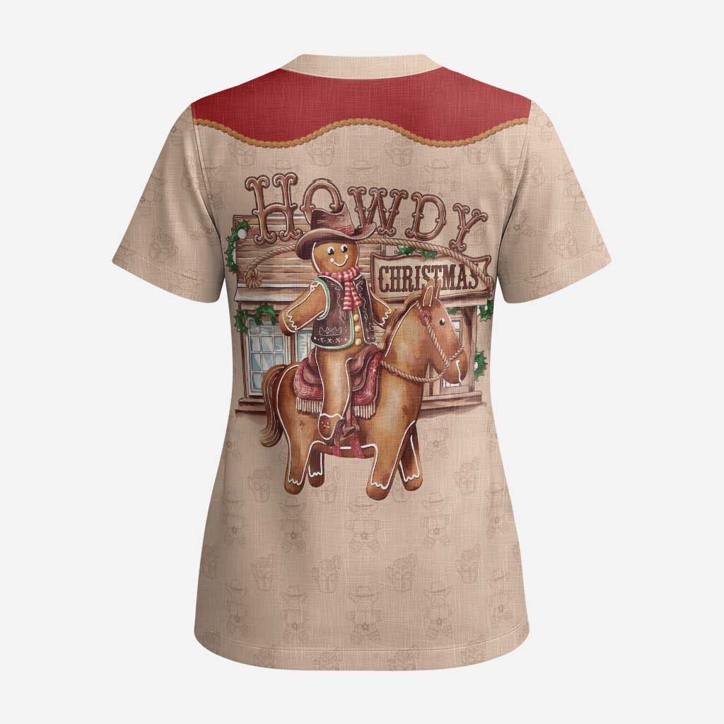 Western Yoke Scrub Top Gingerbread Howdy Christmas - Wonder Print Shop