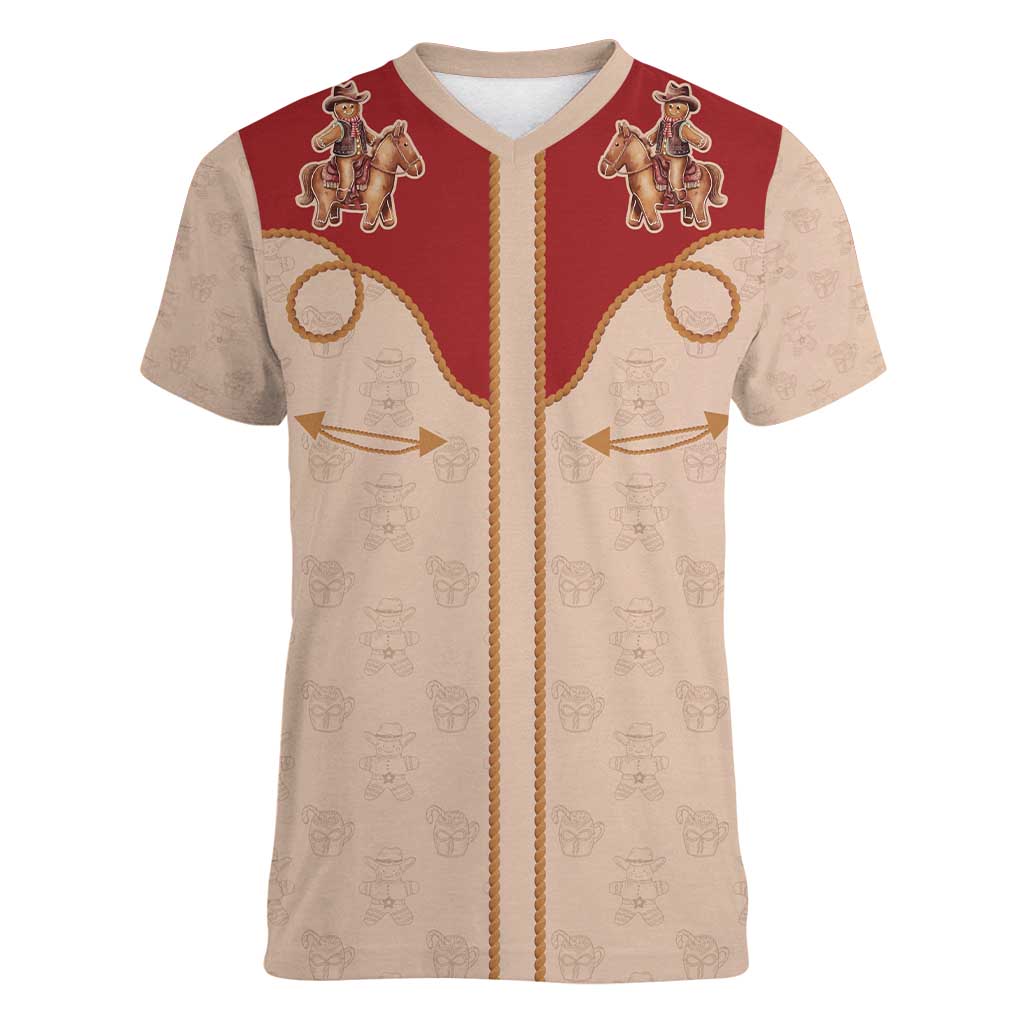 Western Yoke Women V-Neck T-Shirt Gingerbread Howdy Christmas - Wonder Print Shop