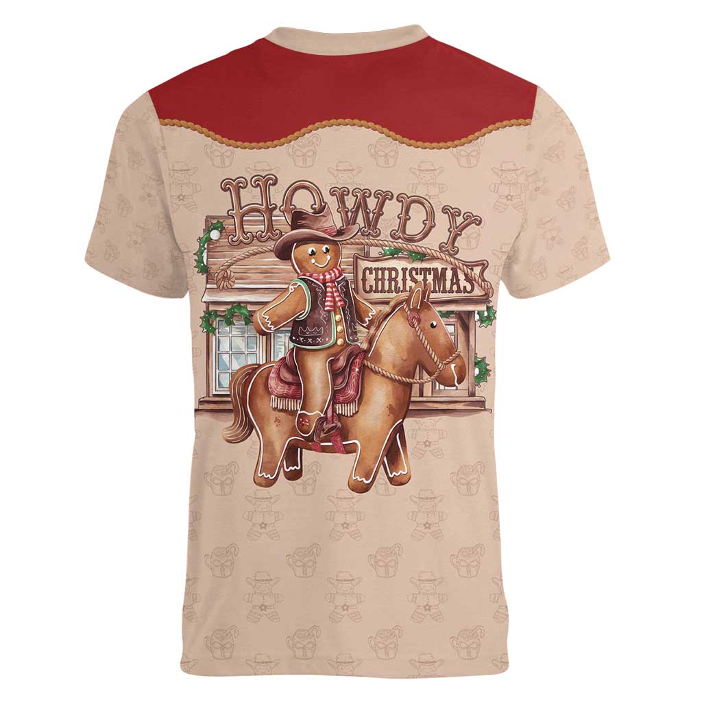 Western Yoke Women V-Neck T-Shirt Gingerbread Howdy Christmas - Wonder Print Shop