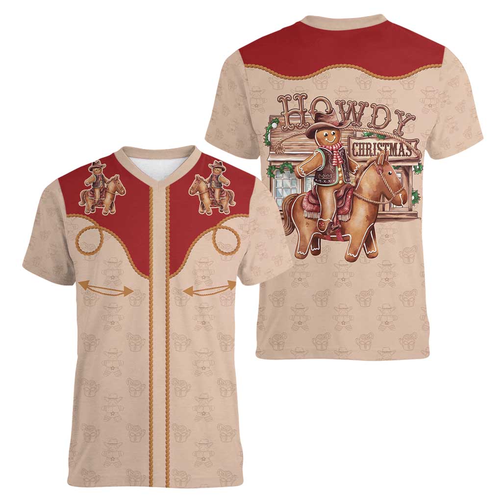 Western Yoke Women V-Neck T-Shirt Gingerbread Howdy Christmas - Wonder Print Shop