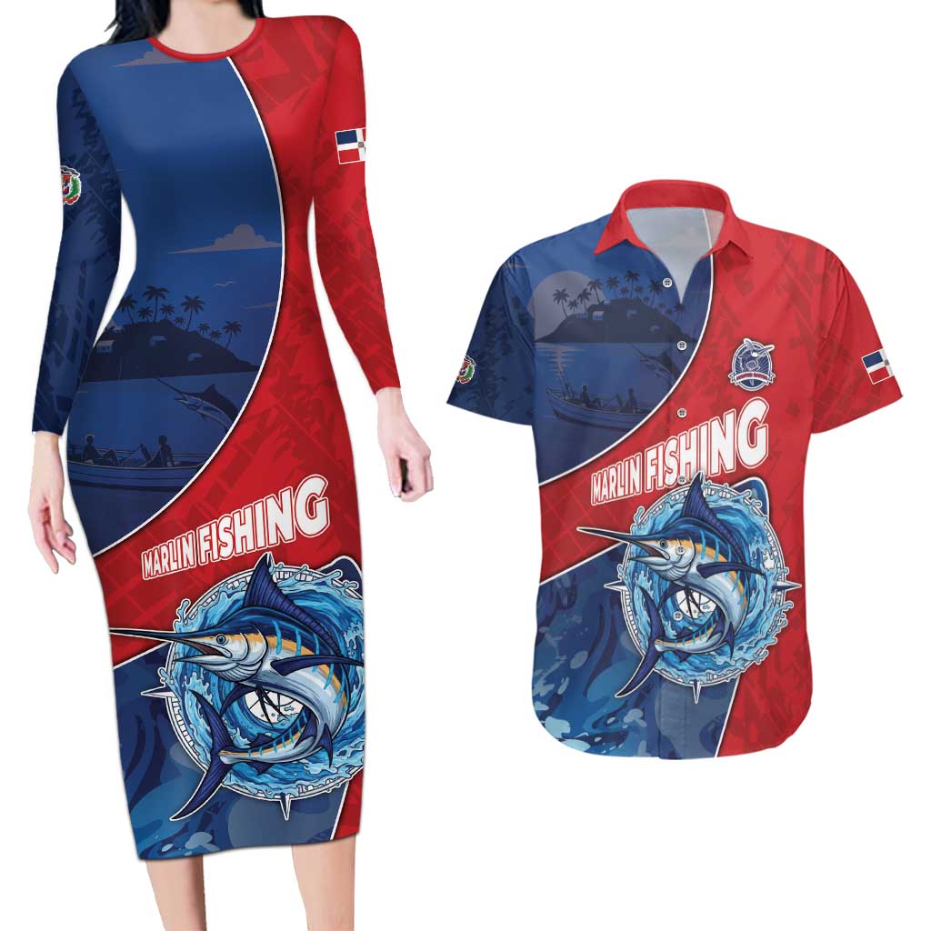 Dominican Republic Fishing Couples Matching Long Sleeve Bodycon Dress and Hawaiian Shirt Caribbean Master Baiter - Wonder Print Shop
