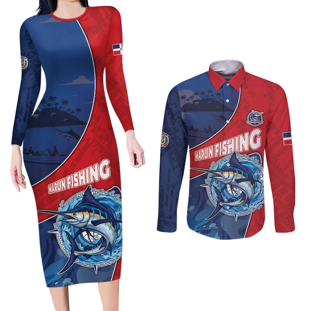 Dominican Republic Fishing Couples Matching Long Sleeve Bodycon Dress and Long Sleeve Button Shirt Caribbean Master Baiter - Wonder Print Shop