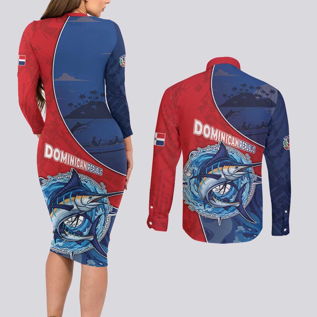 Dominican Republic Fishing Couples Matching Long Sleeve Bodycon Dress and Long Sleeve Button Shirt Caribbean Master Baiter - Wonder Print Shop