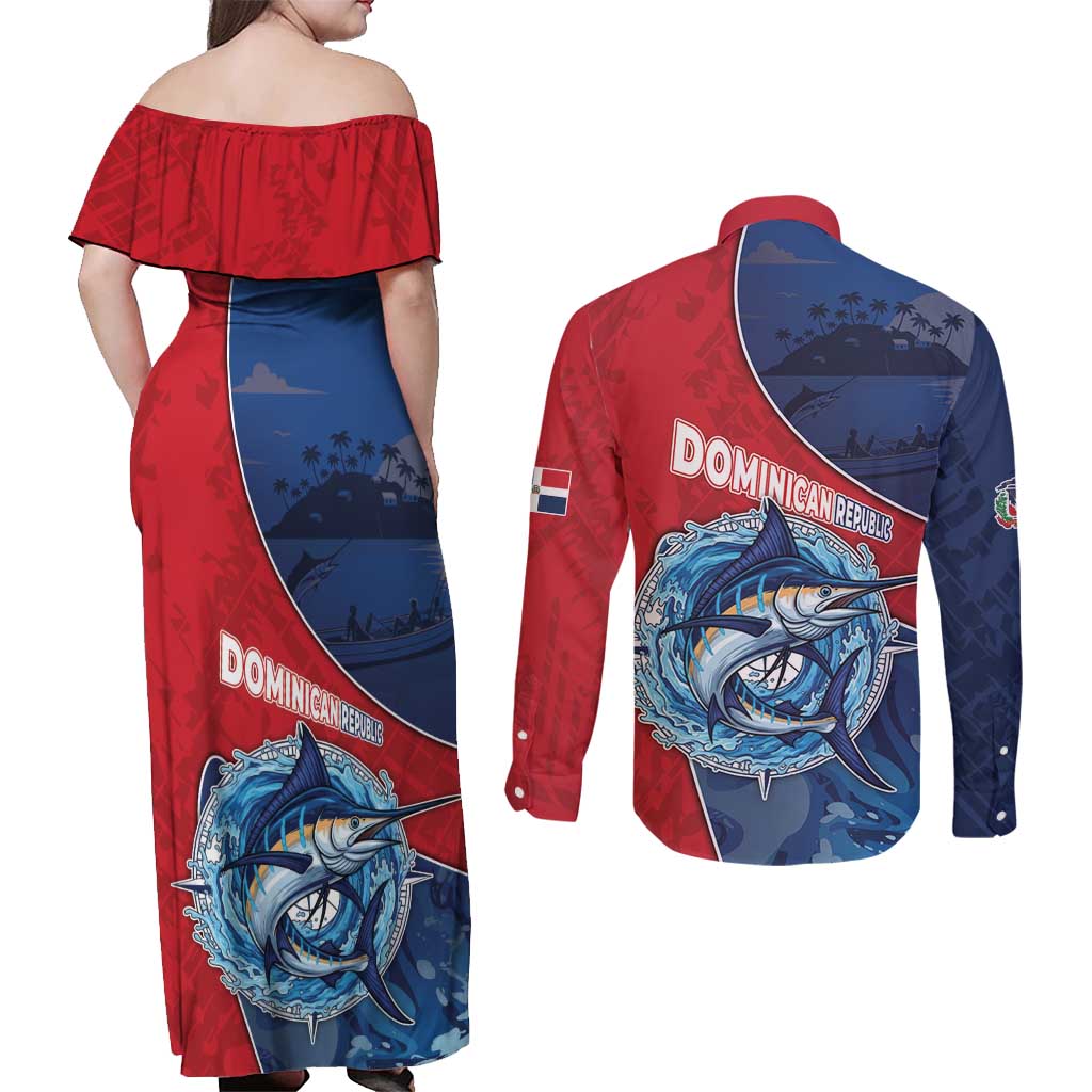 Dominican Republic Fishing Couples Matching Off Shoulder Maxi Dress and Long Sleeve Button Shirt Caribbean Master Baiter - Wonder Print Shop