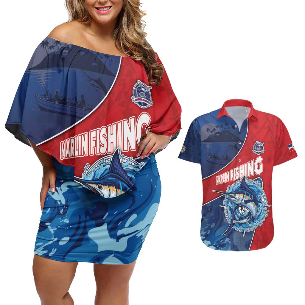 Dominican Republic Fishing Couples Matching Off Shoulder Short Dress and Hawaiian Shirt Caribbean Master Baiter - Wonder Print Shop
