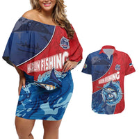 Dominican Republic Fishing Couples Matching Off Shoulder Short Dress and Hawaiian Shirt Caribbean Master Baiter - Wonder Print Shop