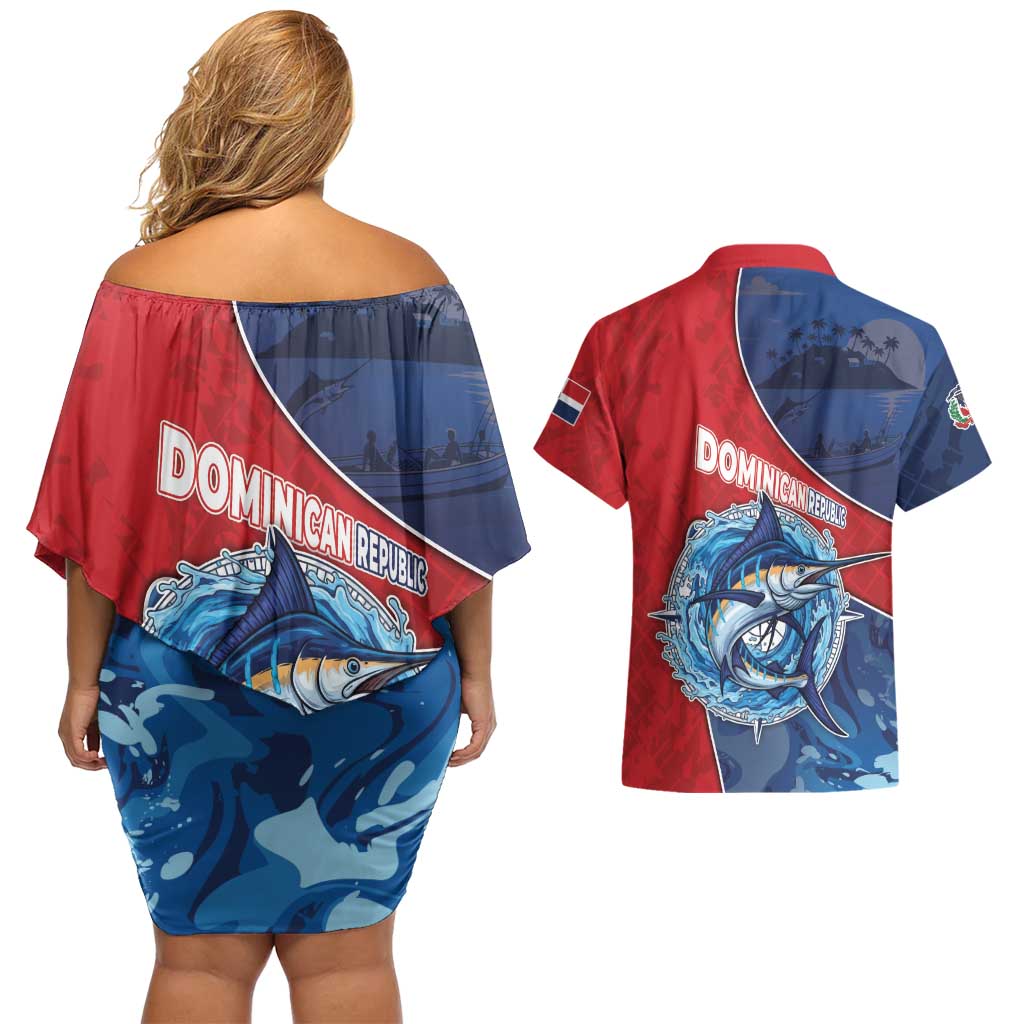 Dominican Republic Fishing Couples Matching Off Shoulder Short Dress and Hawaiian Shirt Caribbean Master Baiter - Wonder Print Shop