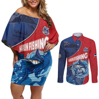 Dominican Republic Fishing Couples Matching Off Shoulder Short Dress and Long Sleeve Button Shirt Caribbean Master Baiter - Wonder Print Shop