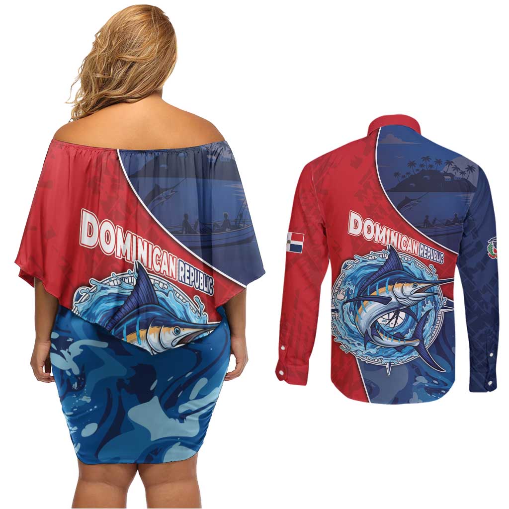 Dominican Republic Fishing Couples Matching Off Shoulder Short Dress and Long Sleeve Button Shirt Caribbean Master Baiter - Wonder Print Shop