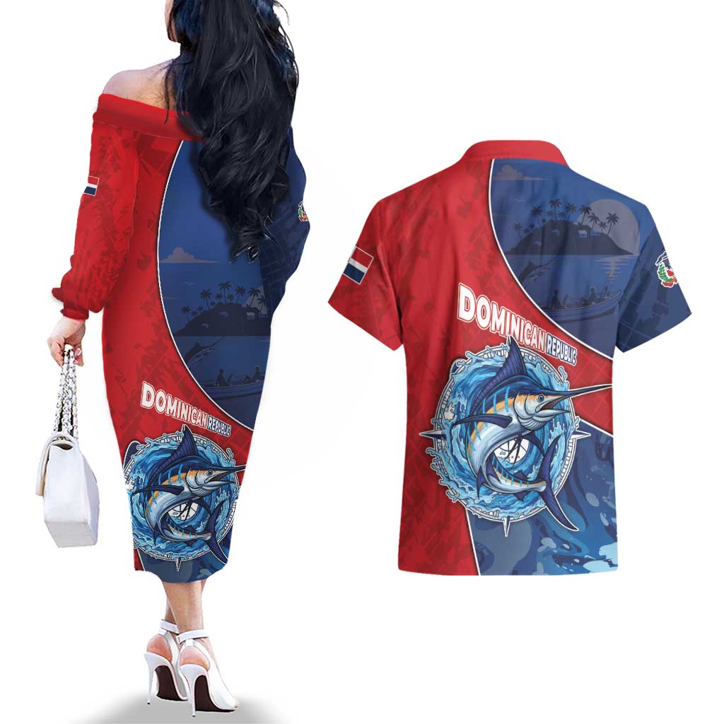 Dominican Republic Fishing Couples Matching Off The Shoulder Long Sleeve Dress and Hawaiian Shirt Caribbean Master Baiter - Wonder Print Shop