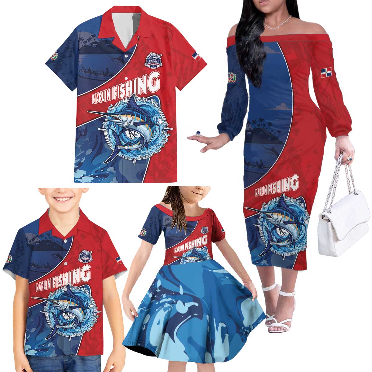 Dominican Republic Fishing Family Matching Off The Shoulder Long Sleeve Dress and Hawaiian Shirt Caribbean Master Baiter - Wonder Print Shop