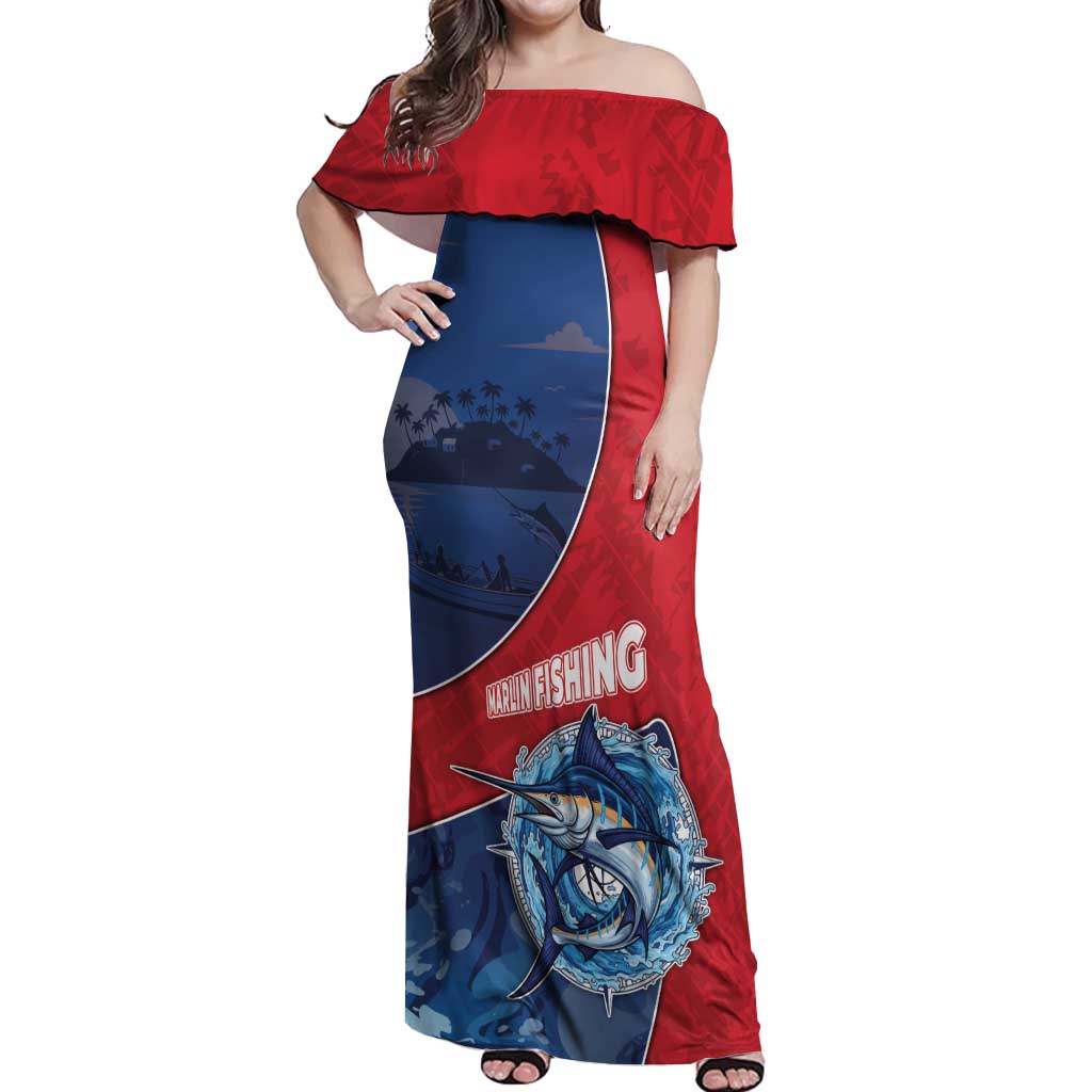 Dominican Republic Fishing Off Shoulder Maxi Dress Caribbean Master Baiter - Wonder Print Shop