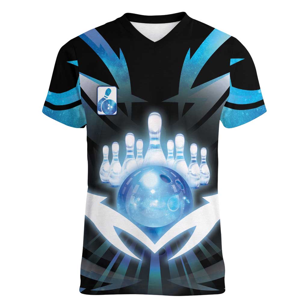 Personalized Bowling Women V-Neck T-Shirt Cosmic Strike