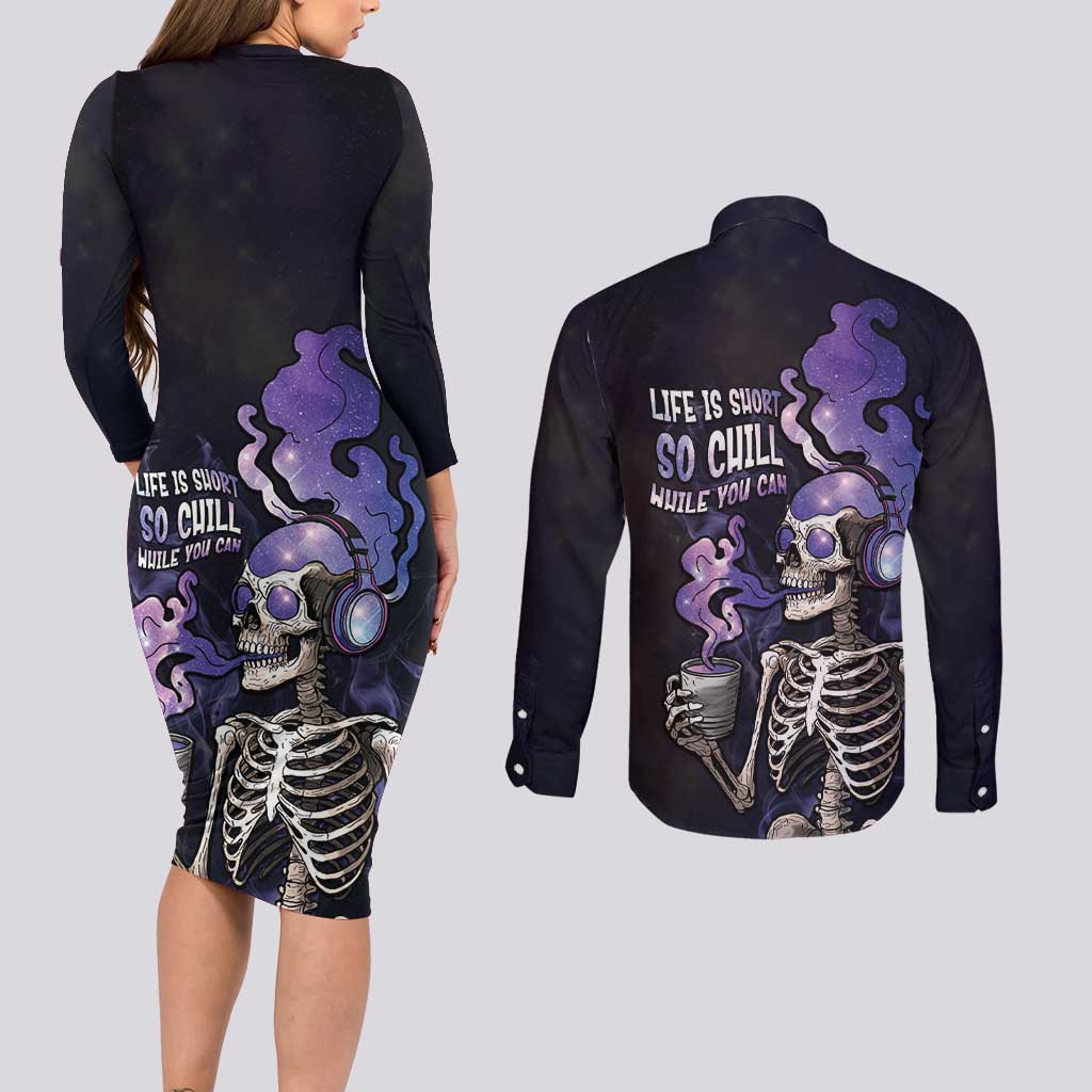 Skull Couples Matching Long Sleeve Bodycon Dress and Long Sleeve Button Shirt Mentally Ill But Totally Chill