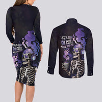 Skull Couples Matching Long Sleeve Bodycon Dress and Long Sleeve Button Shirt Mentally Ill But Totally Chill