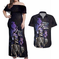 Skull Couples Matching Off Shoulder Maxi Dress and Hawaiian Shirt Mentally Ill But Totally Chill