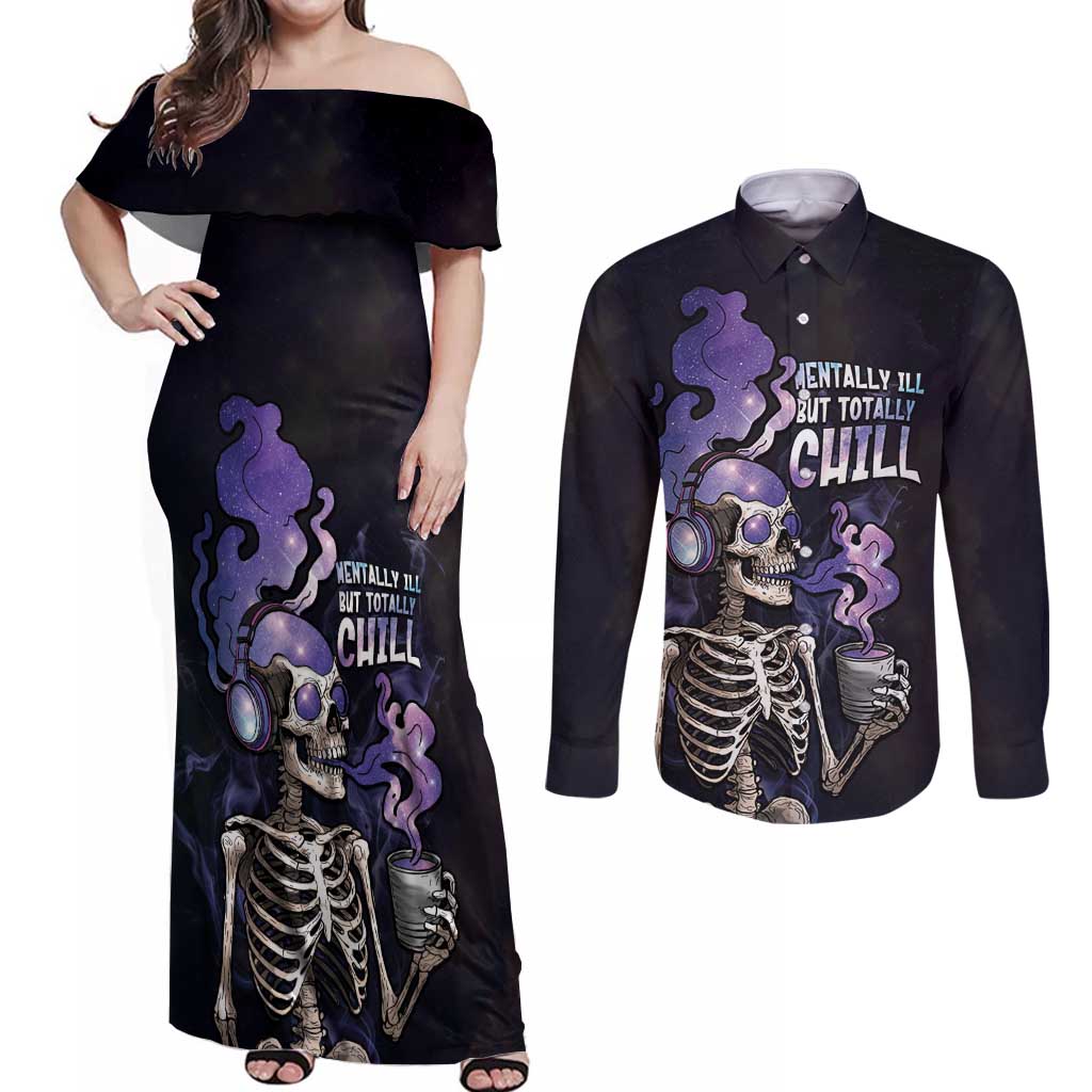 Skull Couples Matching Off Shoulder Maxi Dress and Long Sleeve Button Shirt Mentally Ill But Totally Chill