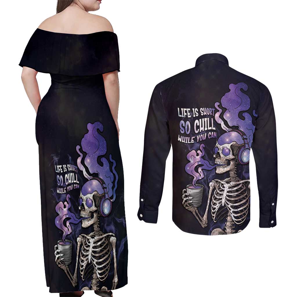 Skull Couples Matching Off Shoulder Maxi Dress and Long Sleeve Button Shirt Mentally Ill But Totally Chill