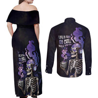 Skull Couples Matching Off Shoulder Maxi Dress and Long Sleeve Button Shirt Mentally Ill But Totally Chill