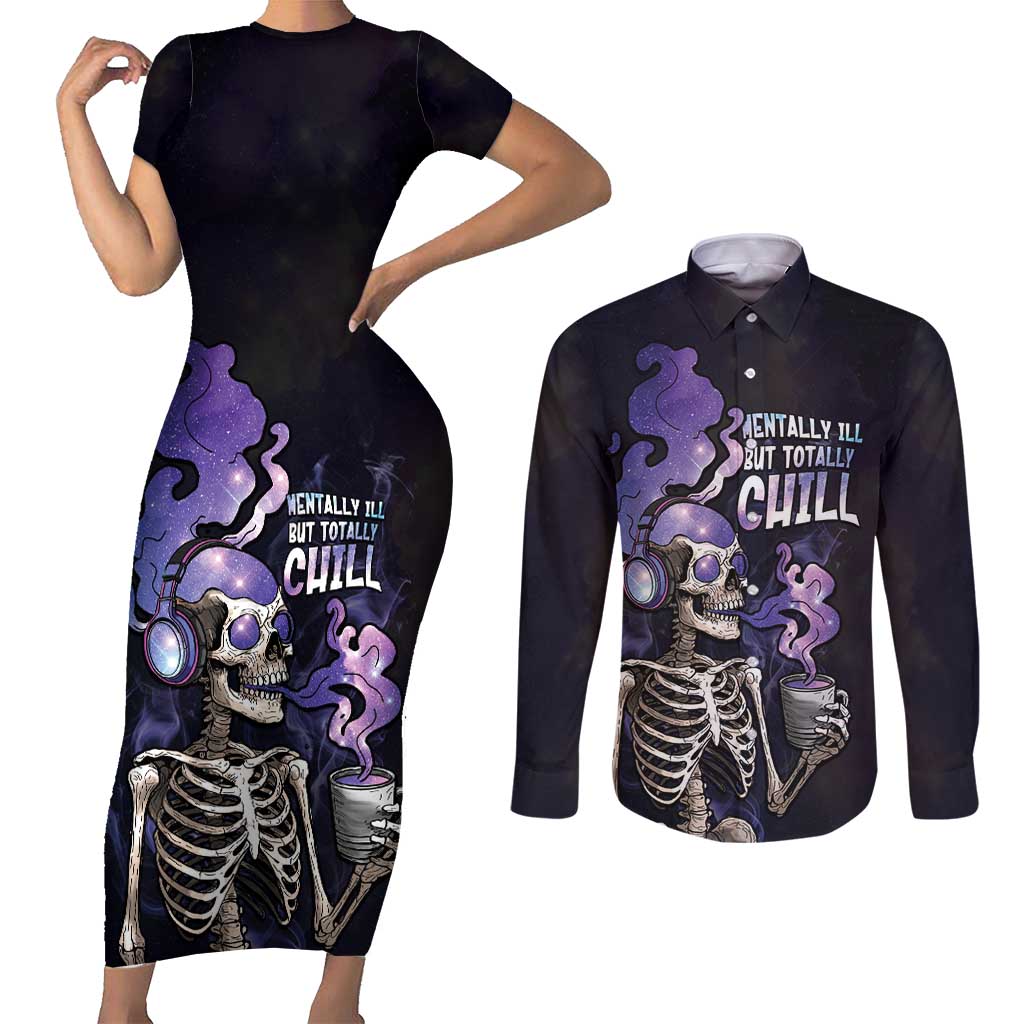 Skull Couples Matching Short Sleeve Bodycon Dress and Long Sleeve Button Shirt Mentally Ill But Totally Chill