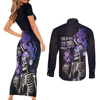 Skull Couples Matching Short Sleeve Bodycon Dress and Long Sleeve Button Shirt Mentally Ill But Totally Chill
