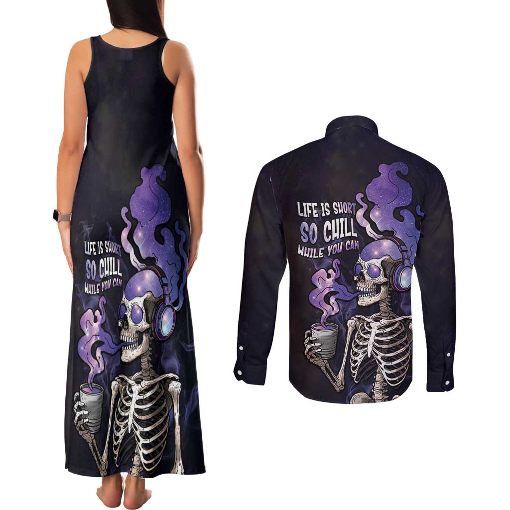 Skull Couples Matching Tank Maxi Dress and Long Sleeve Button Shirt Mentally Ill But Totally Chill