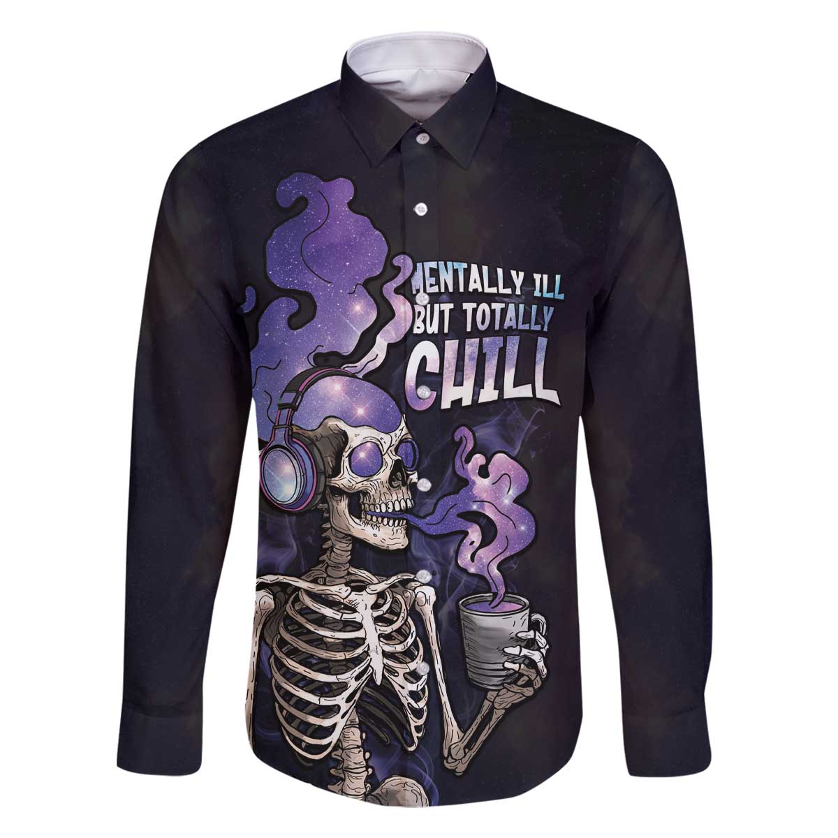 Skull Family Matching Off The Shoulder Long Sleeve Dress and Hawaiian Shirt Mentally Ill But Totally Chill