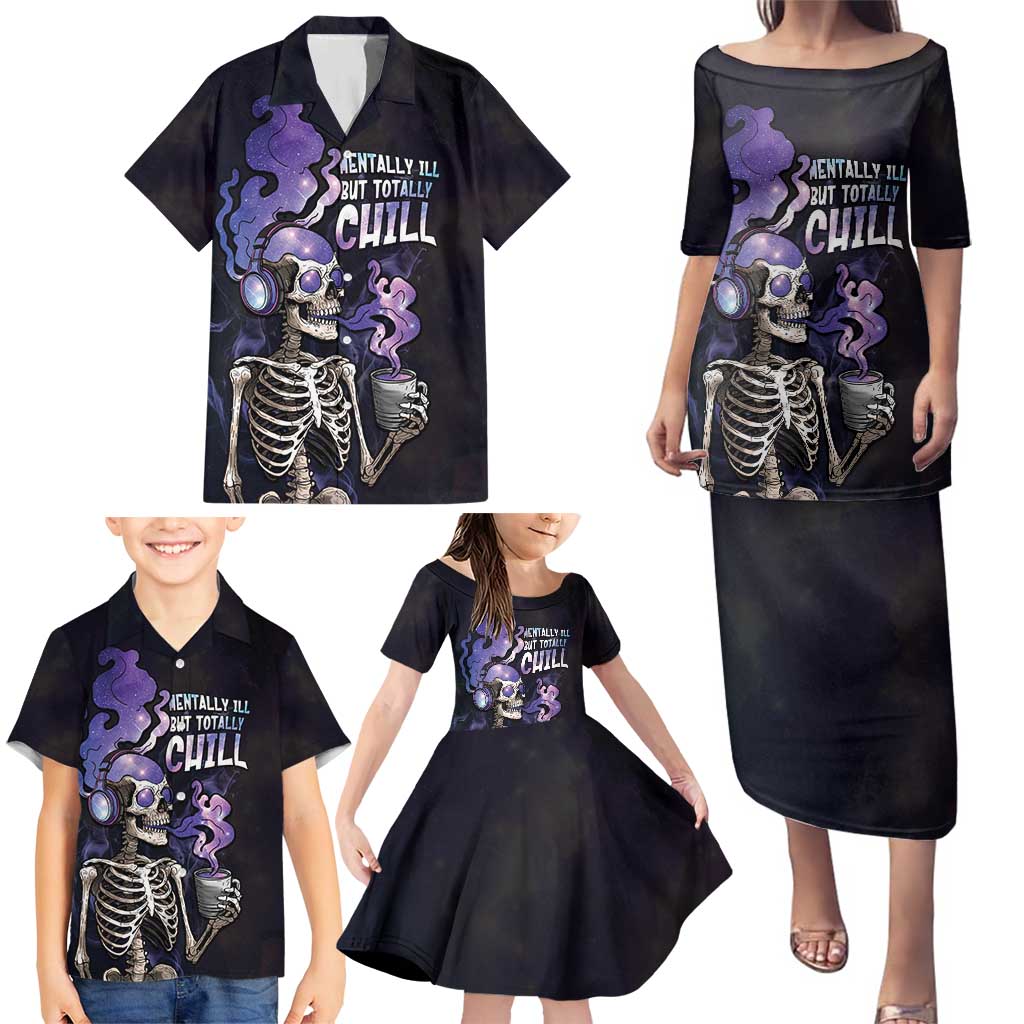 Skull Family Matching Puletasi and Hawaiian Shirt Mentally Ill But Totally Chill