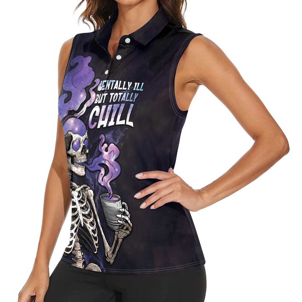 Skull Women Sleeveless Polo Shirt Mentally Ill But Totally Chill