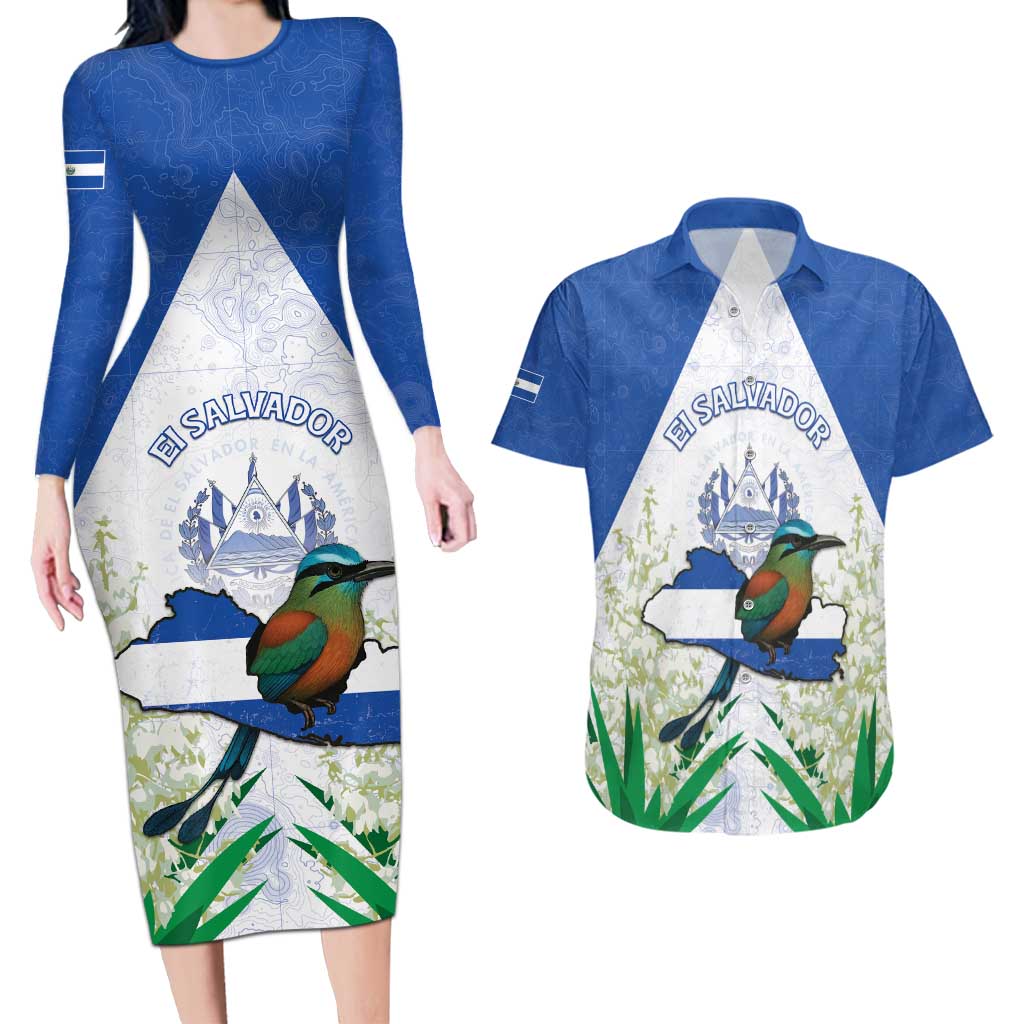 Personalized El Salvador Couples Matching Long Sleeve Bodycon Dress and Hawaiian Shirt Torogoz Bird Map