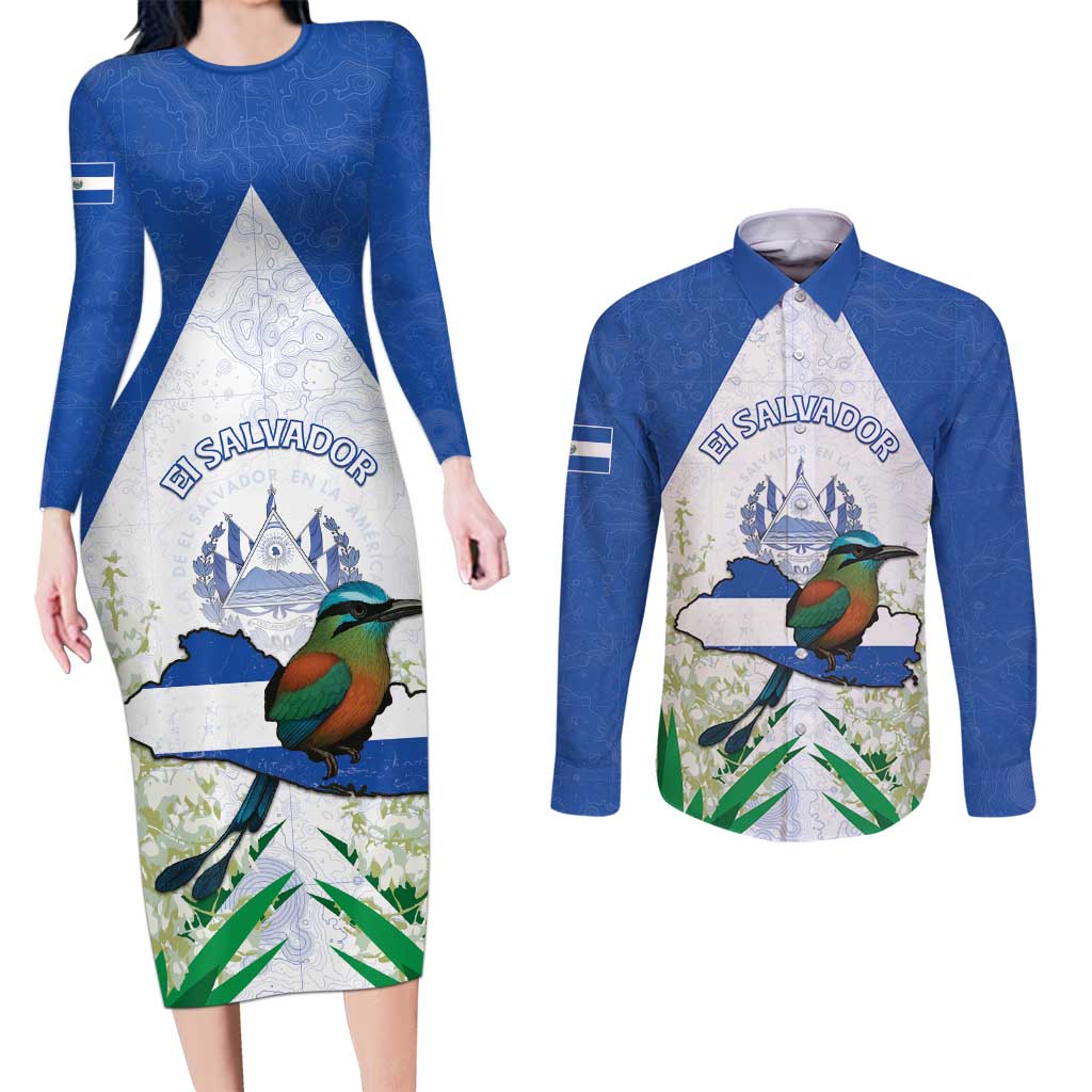 Personalized El Salvador Couples Matching Long Sleeve Bodycon Dress and Long Sleeve Button Shirt Torogoz Bird Map