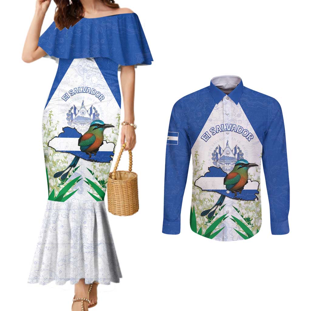 Personalized El Salvador Couples Matching Mermaid Dress and Long Sleeve Button Shirt Torogoz Bird Map
