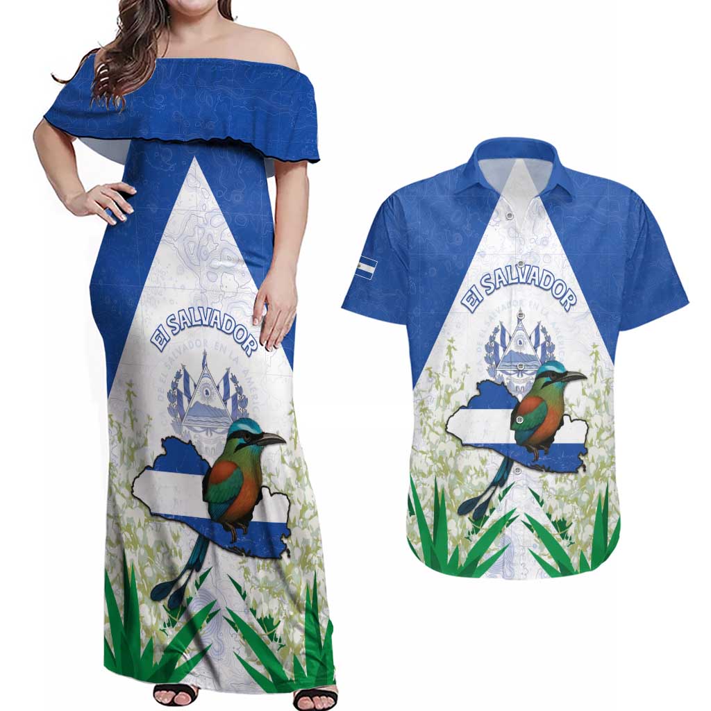 Personalized El Salvador Couples Matching Off Shoulder Maxi Dress and Hawaiian Shirt Torogoz Bird Map