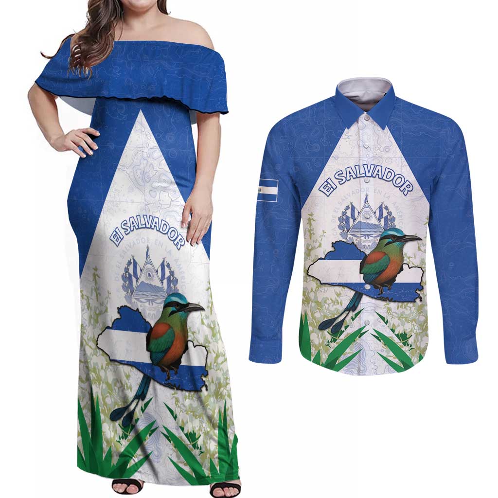 Personalized El Salvador Couples Matching Off Shoulder Maxi Dress and Long Sleeve Button Shirt Torogoz Bird Map