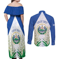 Personalized El Salvador Couples Matching Off Shoulder Maxi Dress and Long Sleeve Button Shirt Torogoz Bird Map