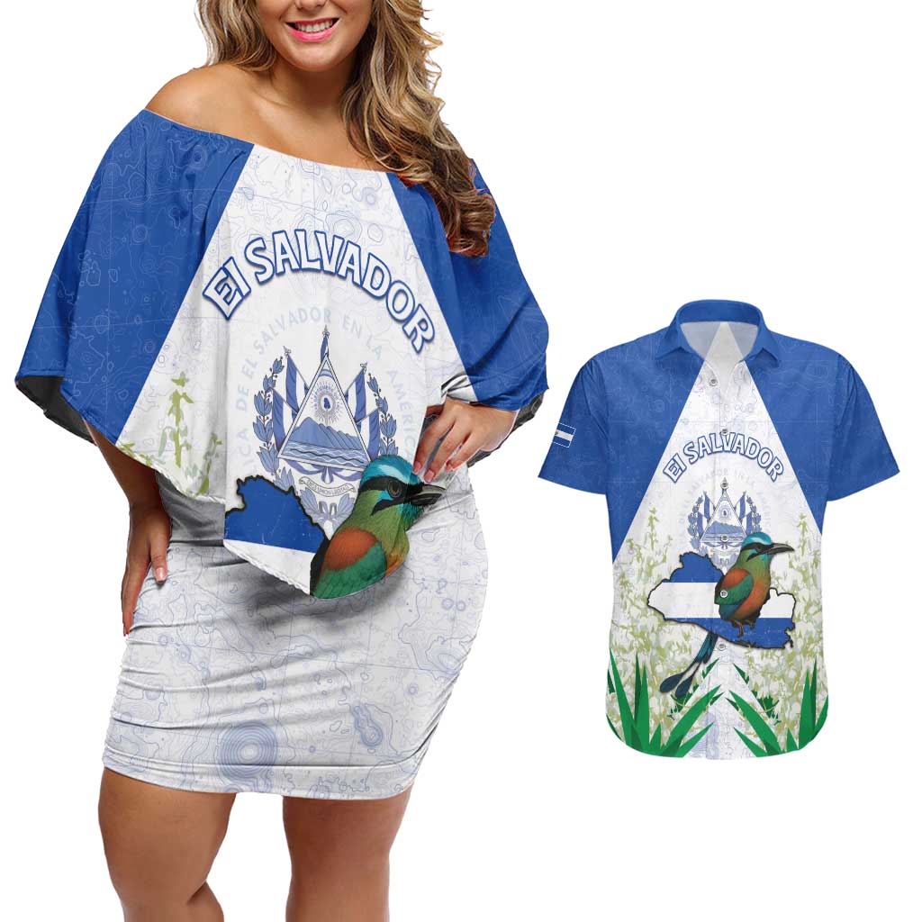Personalized El Salvador Couples Matching Off Shoulder Short Dress and Hawaiian Shirt Torogoz Bird Map